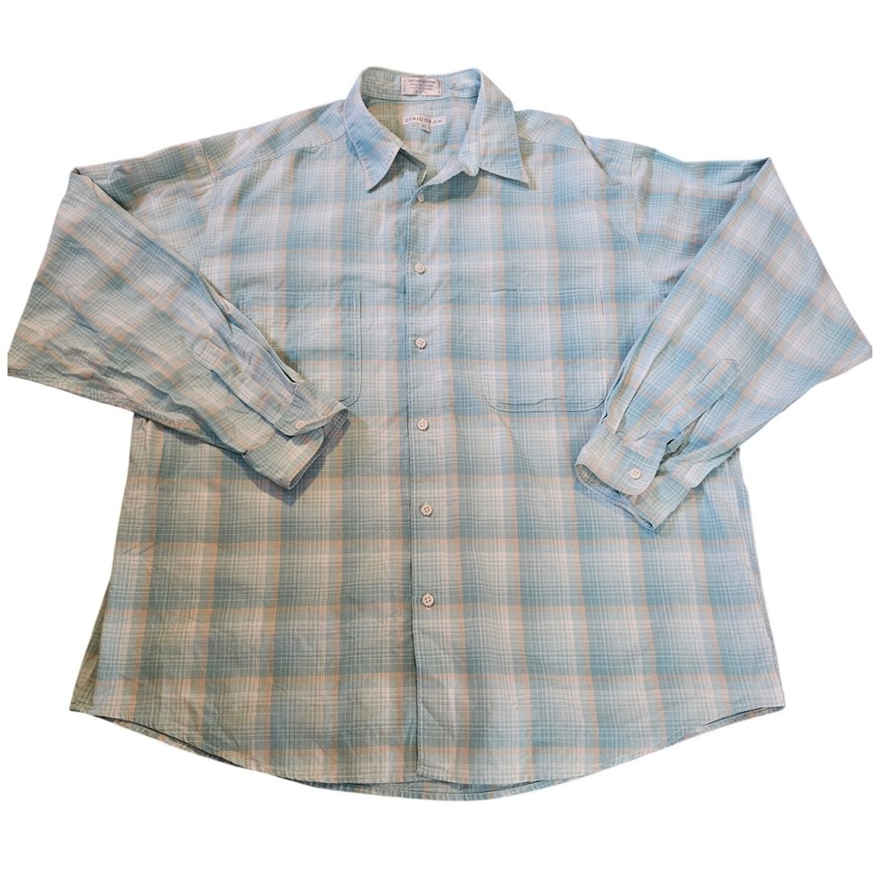 Claiborne Mens XL Plaid Button Down Shirt Blue Teal Cotton Long Sleeve Pockets